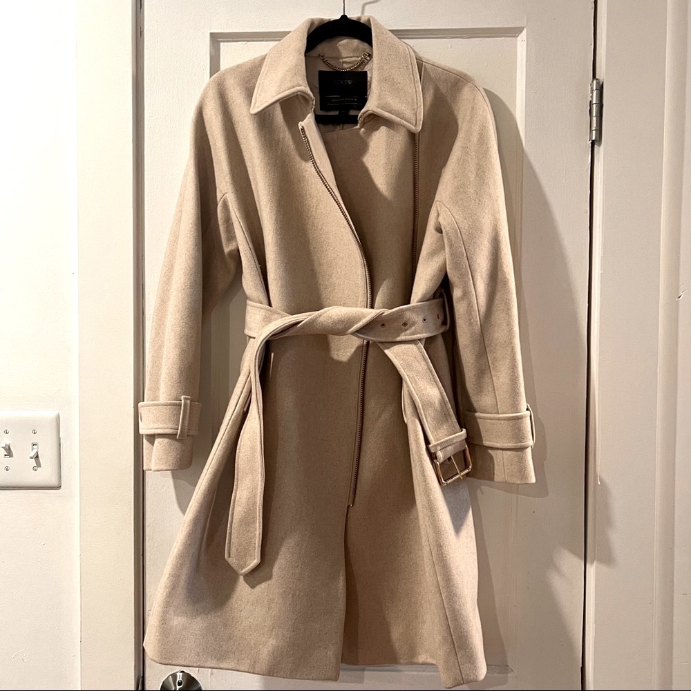 J. Crew 100% Wool Belted Zip Camel Trench Coat